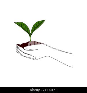 Growing plant in hand palms. Hands holding a sprout. One line art. Nature, ecology concept. Environment Earth Day. Stock Vector