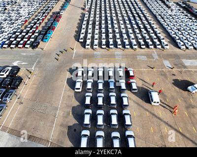 LIANYUNGANG, CHINA - OCTOBER 31, 2024 - A large number of vehicles are gathered for loading at the terminal of Oriental Port Branch in Lianyungang Por Stock Photo