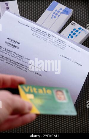 Pharmacy: prescription, medicines and 'carte vitale', French national health insurance card Stock Photo