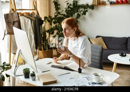 A focused young woman takes notes while speaking on a phone in her modern workspace. Stock Photo