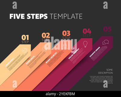 Five steps infographic process template with big diagonal red arrows numbers icons and descriptions. Simple multipurpose infochart with five elements Stock Vector