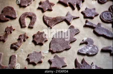 Various shapes of Christmas cookies with traditional Czech motifs cut from gingerbread dough and laid out on baking paper. The process of making tradi Stock Photo
