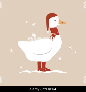 Cute funny cartoon goose in red scarf, Santa Claus hat and boots. Merry Christmas character. Vector isolated illustration Stock Vector
