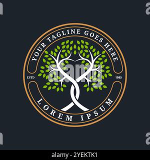 A unique logo featuring two trees with trunks curled into a heart, surrounded by a circle with vintage elements. Suitable for businesses in the health Stock Vector