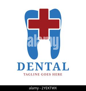 Simple dental clinic logo with blue tooth symbol and red cross in the middle, for dental clinic, dental practice Stock Vector