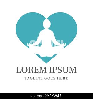 Simple meditation logo with a woman sitting in lotus position in front of a turquoise heart-shaped background. Suitable for health, yoga, wellness, an Stock Vector