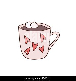 Hand drawn hot chocolate with marshmallows in cup with hearts doodle vector illustration. Stock Vector