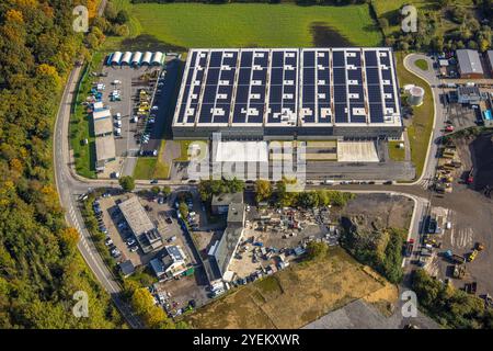 Luftbild, Logistik-Hallen Neubau mit Solardach im Gewerbegebiet Alte Herrenthey, Brambauer, Lünen, Ruhrgebiet, Nordrhein-Westfalen, Deutschland ACHTUNGxMINDESTHONORARx60xEURO *** Aerial view, new logistics hall with solar roof in the Alte Herrenthey industrial estate, Brambauer, Lünen, Ruhr area, North Rhine-Westphalia, Germany ATTENTIONxMINDESTHONORARx60xEURO Stock Photo