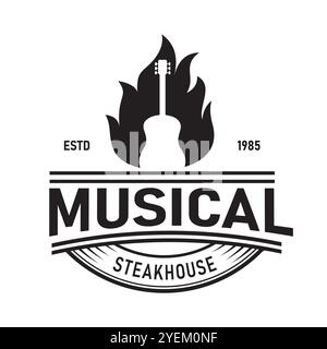 Fire Flame with Guitar Musical Instrument for Restaurant Label Logo Design Vintage Retro Steak house Bar Night Club Pub Stock Vector