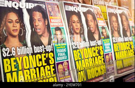 Beyoncé Knowles Carter and Jay-Z aka Shawn Carter - celebrity musician power couple feature on the cover of National Enquirer magazine. Stock Photo