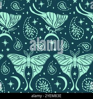 Monochrome seamless pattern with celestial luna moth and paisley motif Stock Vector