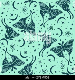 Monochrome seamless pattern with celestial luna moth and paisley motif Stock Vector