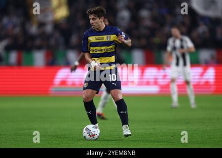 Torino, Italy. 30th Oct, 2024. Adrian Bernabe of Parma Calcio in action during the Serie A match beetween Juventus Fc and Parma at Allianz Stadium on October 30, 2024 in Turin, Italy . Credit: Marco Canoniero/Alamy Live News Stock Photo