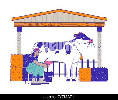 Farmer woman milking cow doodle lineart illustration Stock Vector Image ...