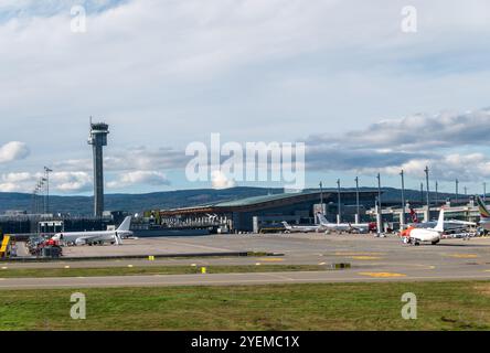 Oslo International  Airport, also  known as Oslo Gardermoen Airport or Gardermoen, is an international airport serving Oslo, the capital city of Norway Stock Photo