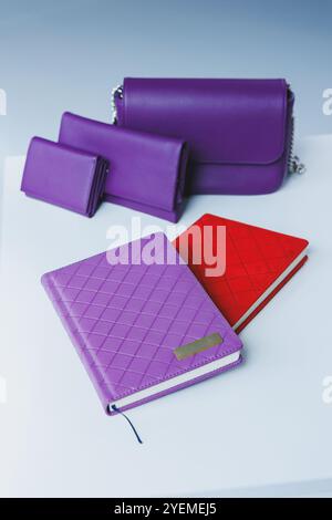 A leather wallet and a notebook lie on the table. Small women's handbag Stock Photo