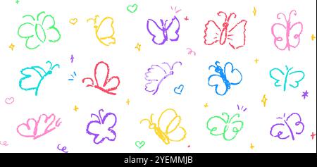 Set of butterflies drawing by pastel or charcoal pencil. Colorful chalk line butterfly simple element on white chalkboard background. Like children's Stock Vector
