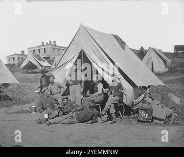 Camp Scene, (22nd New York Volunteers, Lieutenant J.T. Baldwin).  Series: Mathew Brady Photographs of American Civil War-Era Personalities and Scenes,.   ca. 1860 - ca. 1865 Stock Photo