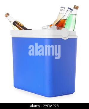 Many bottles of drinks in cooler box isolated on white Stock Photo