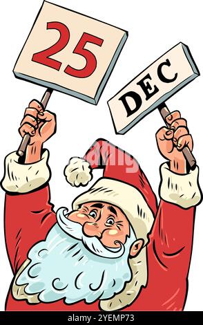 Santa Claus shows on December 25. Preparation for the coming New Year and Christmas. The latest discounts and promotions for gifts. Stock Vector