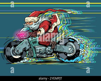 Fast delivery of gifts for New Year and Christmas. Santa Claus rides a cyber motorcycle. Hurry up for discounts and special offers. Stock Vector