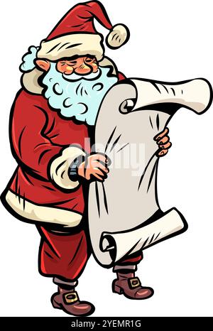 Wishlists for New Year and Christmas. Company announcements in winter. Santa Claus looks at the list of gifts. Comic cartoon pop art retro vector illu Stock Vector