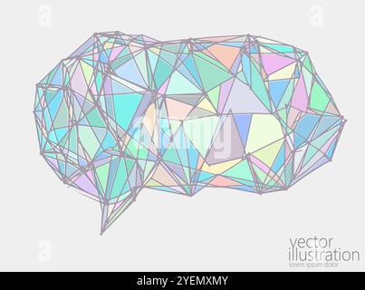 3D low poly speech bubble symbol. Polygonal triangle glowing glass effect. Speak message talk design element. White background vector illustration Stock Vector