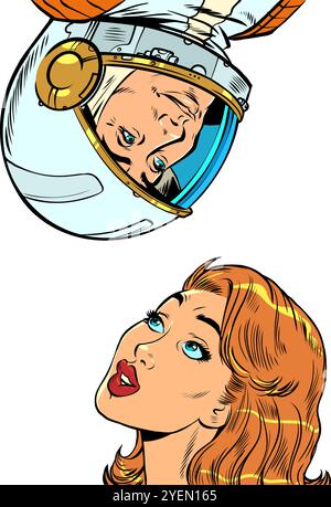 Communication between space and earth. The astronaut is on top, and the woman is looking at him. Connections without limits. Stock Vector