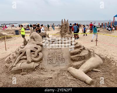 sand castle competition on the beach in Coney Island Brooklyn NYC Stock Photo