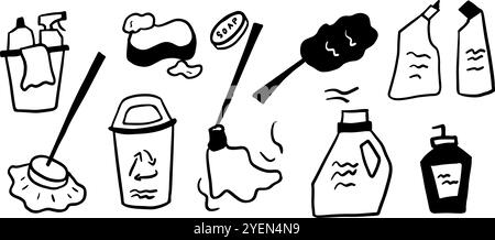 Cleaning Tool Set Illustration | Minimalist Doodle Vector for Home and Hygiene Designs - home organization projects, hygiene-themed branding, or clean Stock Vector