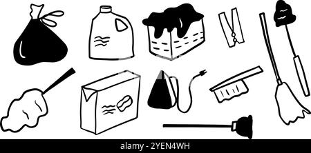 Cleaning Tool Set Illustration | Minimalist Doodle Vector for Home and Hygiene Designs - home organization projects, hygiene-themed branding, or clean Stock Vector