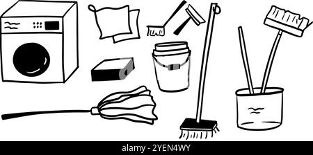 Cleaning Tool Set Illustration | Minimalist Doodle Vector for Home and Hygiene Designs - home organization projects, hygiene-themed branding, or clean Stock Vector