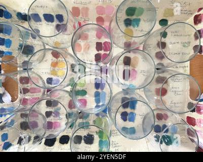 overhead of cups and watercolor Stock Photo