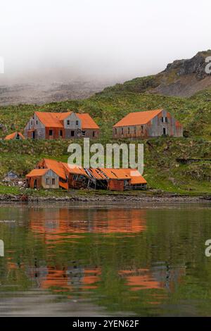 Views of the abandoned whaling station in Prince Olav Harbor on South Georgia in the Southern Ocean. Stock Photo