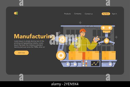 Industrial Automation concept. A worker operates machinery on a production line, showcasing streamlined manufacturing. Modern workplace technology. Vector illustration. Stock Vector