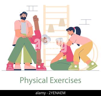 Elderly care concept. Seniors engaging in physical exercises with a trainer in a nursing home. Activity promoting health and wellness. Vector illustration. Stock Vector