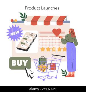 Product Launches concept. Illustration portrays online shopping experience with a user liking items on a mobile app, next to a full shopping cart. Vector illustration. Stock Vector