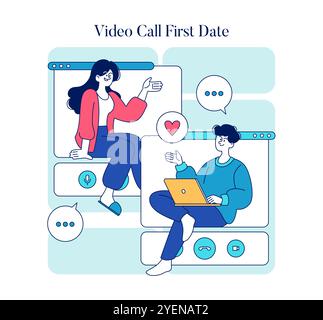 Online Dating concept. Two individuals share a heartwarming connection on their first date through a video call, exploring modern romance. Flat style vector illustration. Stock Vector