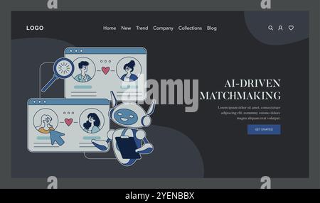 Online dating concept. AI robot assists in finding love with profiles on a dating website. Digital matchmaking service with heart icons. Vector illustration. Stock Vector