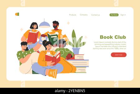 This artwork features a vibrant illustration of a diverse group of people joyfully enjoying a book club session Stock Vector