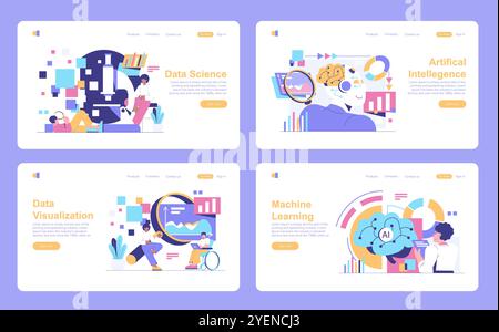 Data Science Concept Set. Web interfaces for data analysis, AI, visualization, and machine learning. Digital age technologies and analytics. Vector illustration. Stock Vector