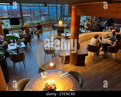 Flam,  Norway - September, 2024   The restaurant at Fretheim Hotel in Flam with a view directly down the Sognefjord. Stock Photo