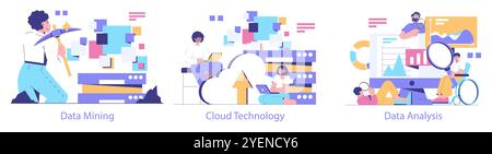 Data Science set. Professionals engaging in data mining, cloud computing, and analysis. Innovative technologies and big data exploration. Vector illustration. Stock Vector