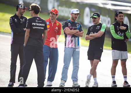 SAO PAULO, BRAZIL - OCTOBER 31: #31, Esteban OCON, FRA, BWT Alpine F1 Team, Alpine A524 Renault, #63, George RUSSEL, GBR, Mercedes-AMG PETRONAS F1 Team, W15 Mercedes, #16, Charles LECLERC, MCO, Scuderia Ferrari HP, SF-24 Ferrari, #10, Pierre GASLY, FRA, BWT Alpine F1 Team, Alpine A524 Renault, #77, Valtteri BOTTAS, FIN, Stake F1 Team Kick Sauber, C44, Ferrari, and #24, Guanyu ZHOU, CHN, Alfa Romeo F1 Team Stake, C44, Ferrari, during previews ahead at the FIA Formula 1 Brazilian Grand Prix at Autodromo Jose Carlos Pace on October, 2024 in Interlagos, Sao Paulo, Brazil. (Rodolfo Buhrer /SPP) Stock Photo