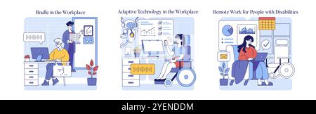 Inclusion in workplace set. Accessible work environments for people with disabilities. Braille usage, adaptive tech, remote job adaptations. Vector illustration. Stock Vector