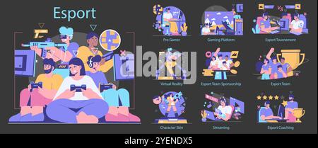 Esport set. Scenes of professional gaming, virtual reality, team sponsorship, character customization, live streaming, and coaching. Competition and community in online gaming. Vector illustration. Stock Vector