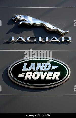 Ottawa, Canada - October 25, 2024: Sign at Jaguar dealership on Hunt Club Rd. Jaguar, the sports car and luxury vehicle brand of Jaguar Land Rover, is Stock Photo