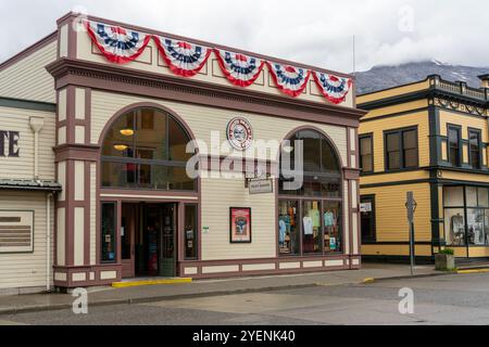 Skagway, Alaska, USA - September 23, 2024: White Pass and Yukon Route Railway exterior building located in the Klondike Gold Rush town of Skagway, Ala Stock Photo