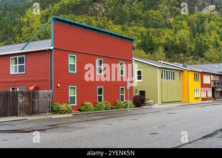 Skagway, Alaska, USA - September 23, 2024: A row of colorful wooden buildings in the Klondike Gold Rush town of Skagway, Alaska. Stock Photo