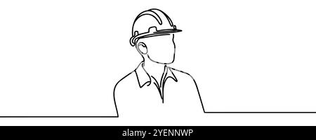 Continuous one line drawing design vector illustration of engineers man in hard hat, worker with protective headphones on white background. Stock Vector